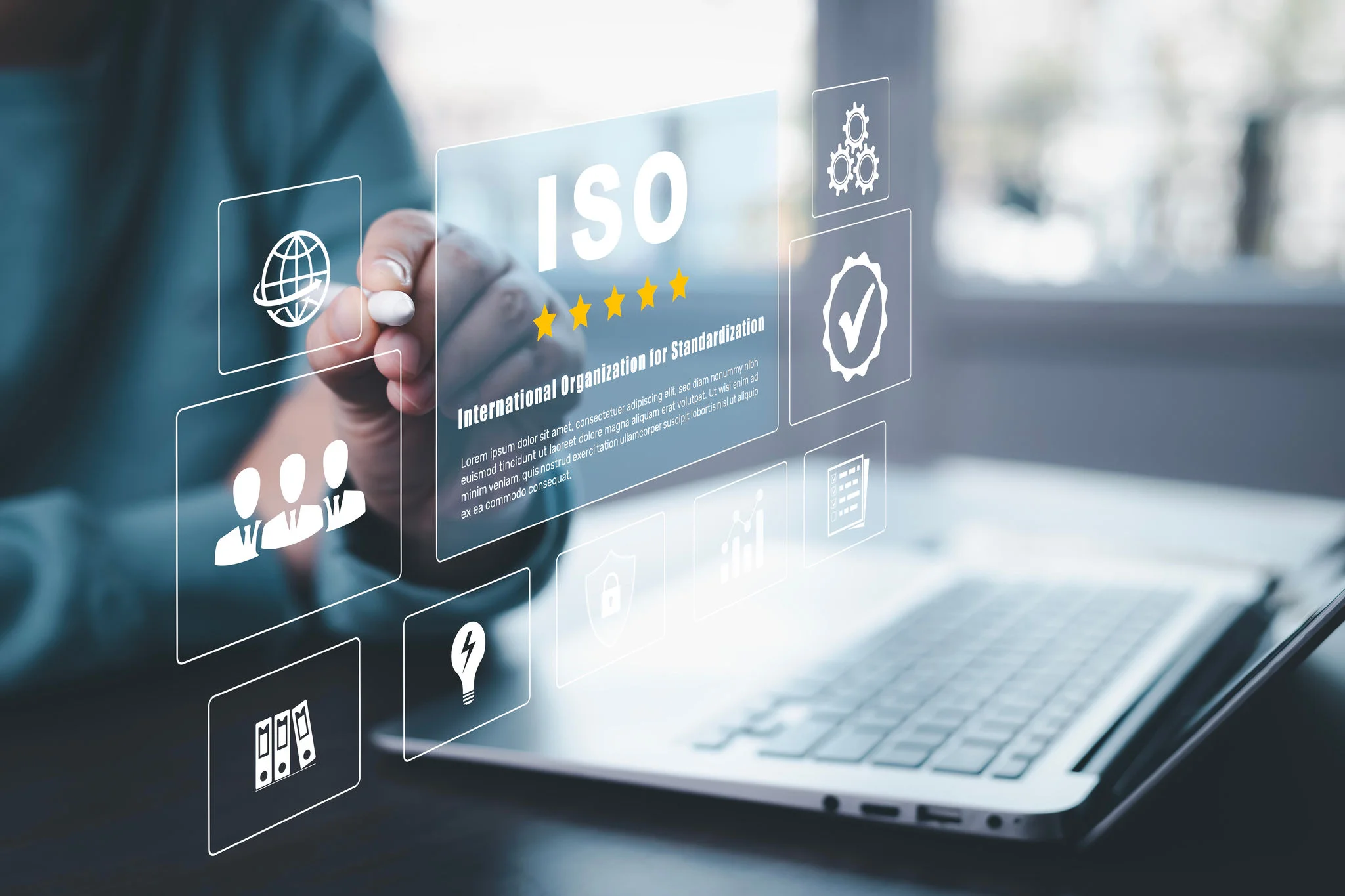 Business people working Laptops with ISO standards quality control concept, assurance warranty, Quality control standards, Researching international standards organization, Business technology concept